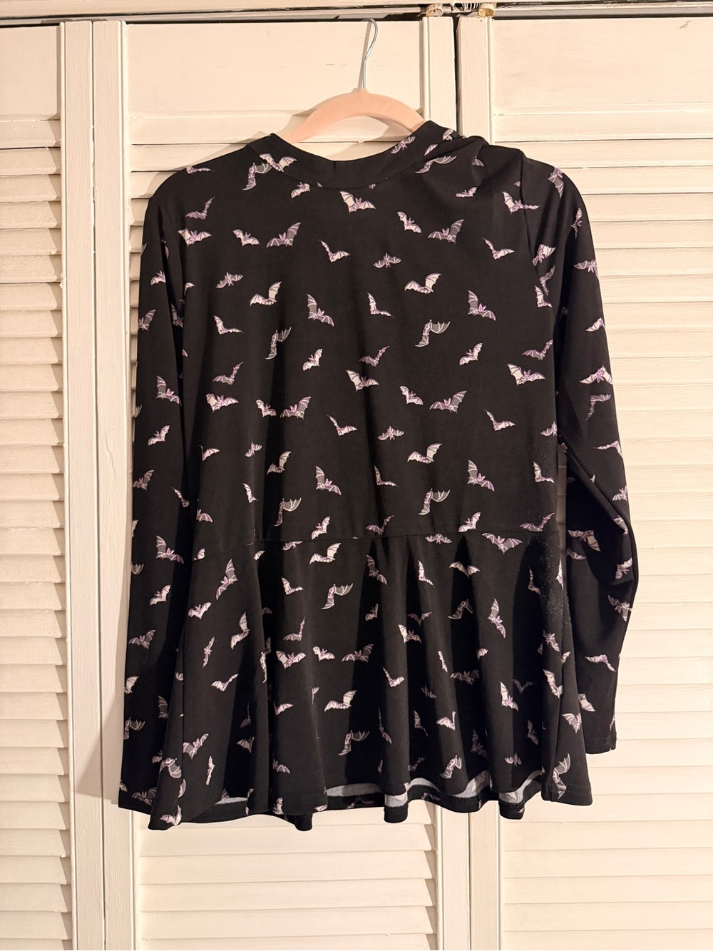 Modcloth Black Long-Sleeve Peplum Top with Pink Bat Print
